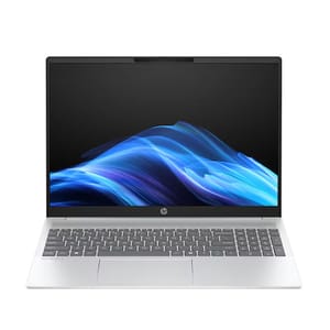 A silver laptop with a black display bezel, featuring a blue wave design on the screen. Has a standard keyboard layout.