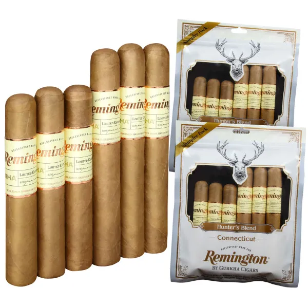 Remington Hunter’s Blend Connecticut cigars in two packs by Gurkha, each pack contains five cigars with light brown wrappers.