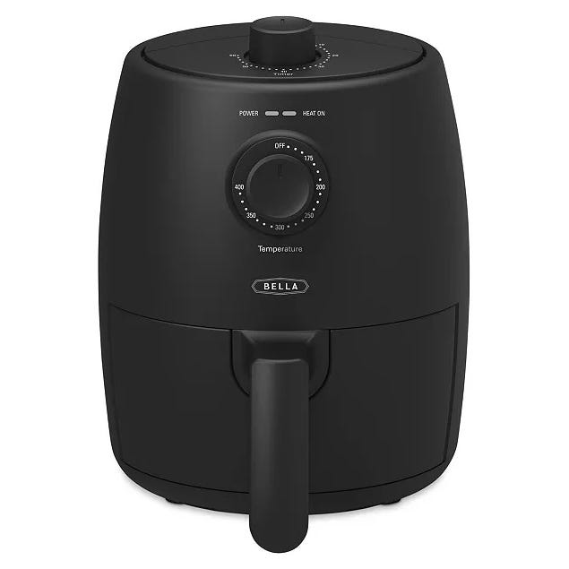 A black air fryer with a temperature dial and a handle, labeled Bella.