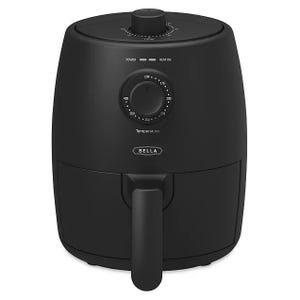 A black air fryer with a temperature dial and a handle, labeled Bella.