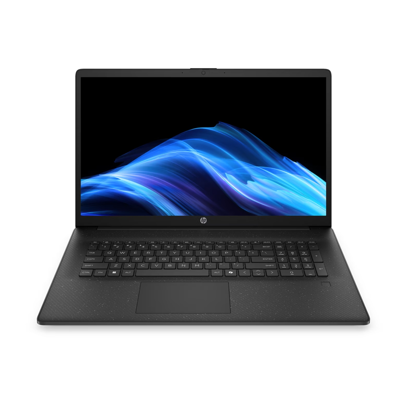 HP laptop featuring a black design with a full-size keyboard and a colorful wavy blue display background.