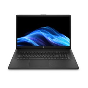 HP laptop featuring a black design with a full-size keyboard and a colorful wavy blue display background.
