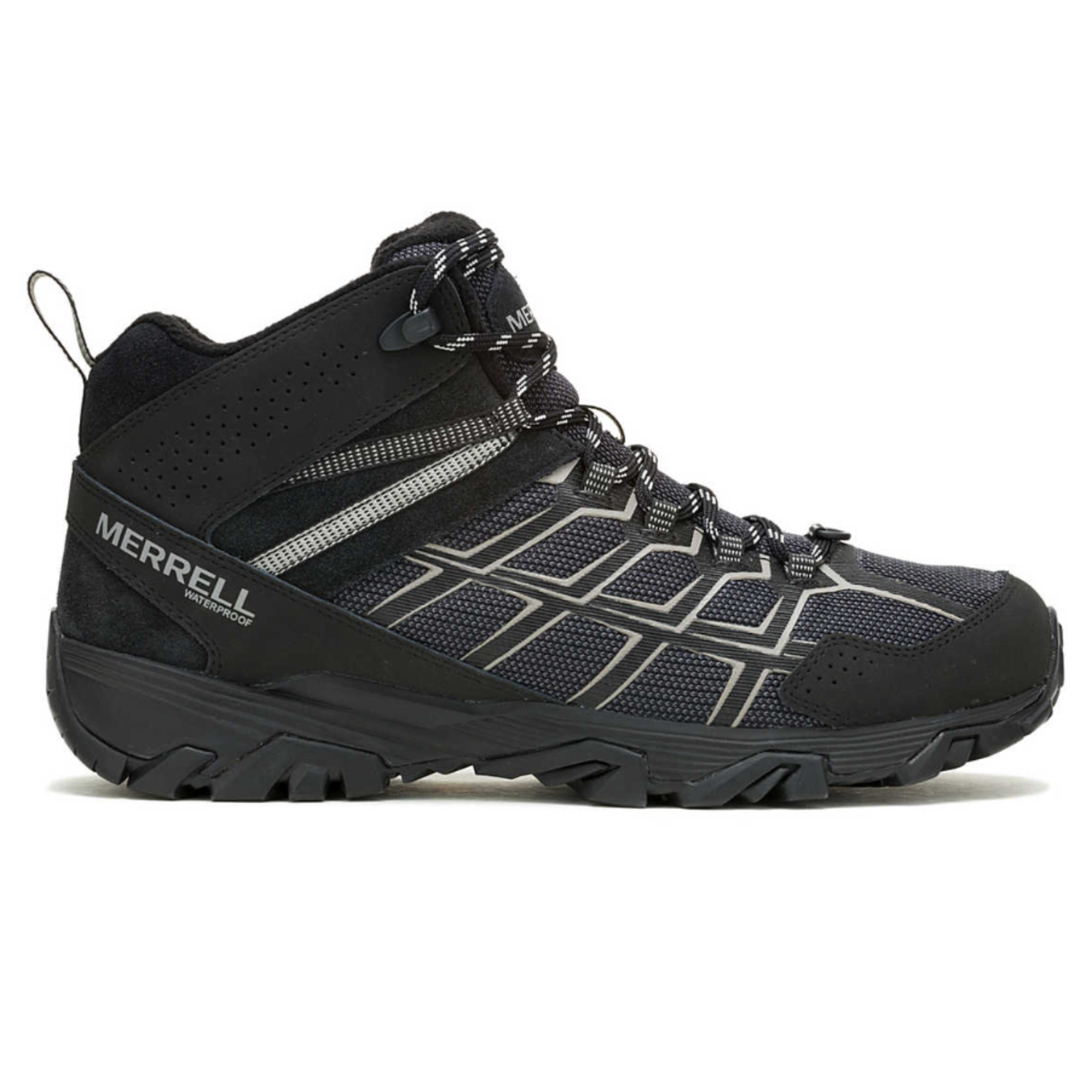 A black and grey Merrell hiking boot with a waterproof label.