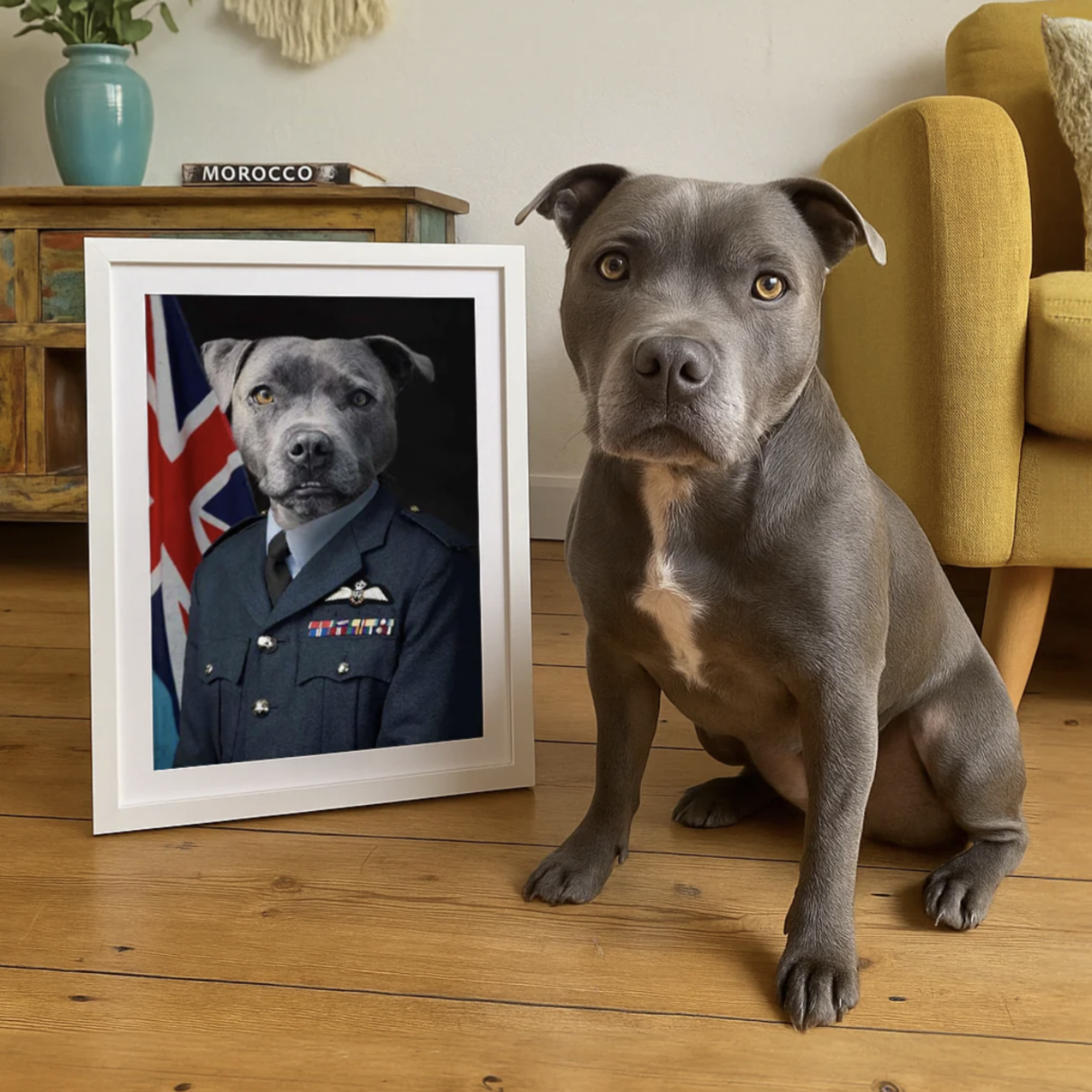 A framed portrait depicts a dog in a military uniform with a background resembling the Union Jack flag, placed next to a real grey dog sitting on a wooden floor.