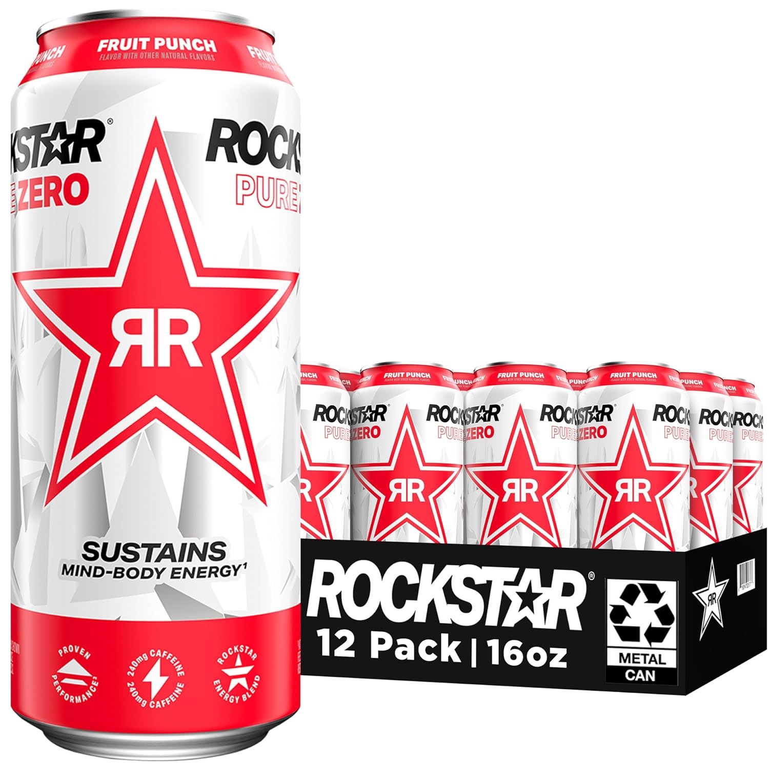 A single Rockstar energy drink can and a 12-pack of Rockstar energy drinks, both labeled 'Pure Zero Fruit Punch.'
