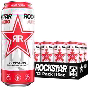 A single Rockstar energy drink can and a 12-pack of Rockstar energy drinks, both labeled 'Pure Zero Fruit Punch.'