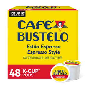 Café Bustelo Espresso Style K-Cup Pods, compatible with Keurig machines, dark roast coffee, 48-count box.