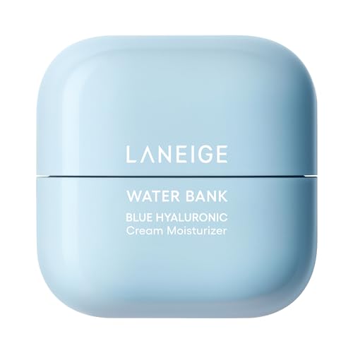 A compact blue container labeled LANEIGE Water Bank Blue Hyaluronic Cream Moisturizer.