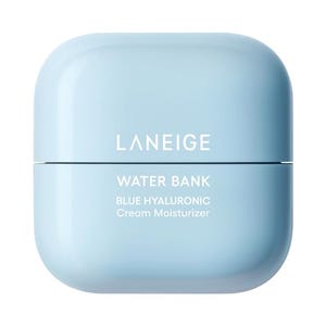 A compact blue container labeled LANEIGE Water Bank Blue Hyaluronic Cream Moisturizer.