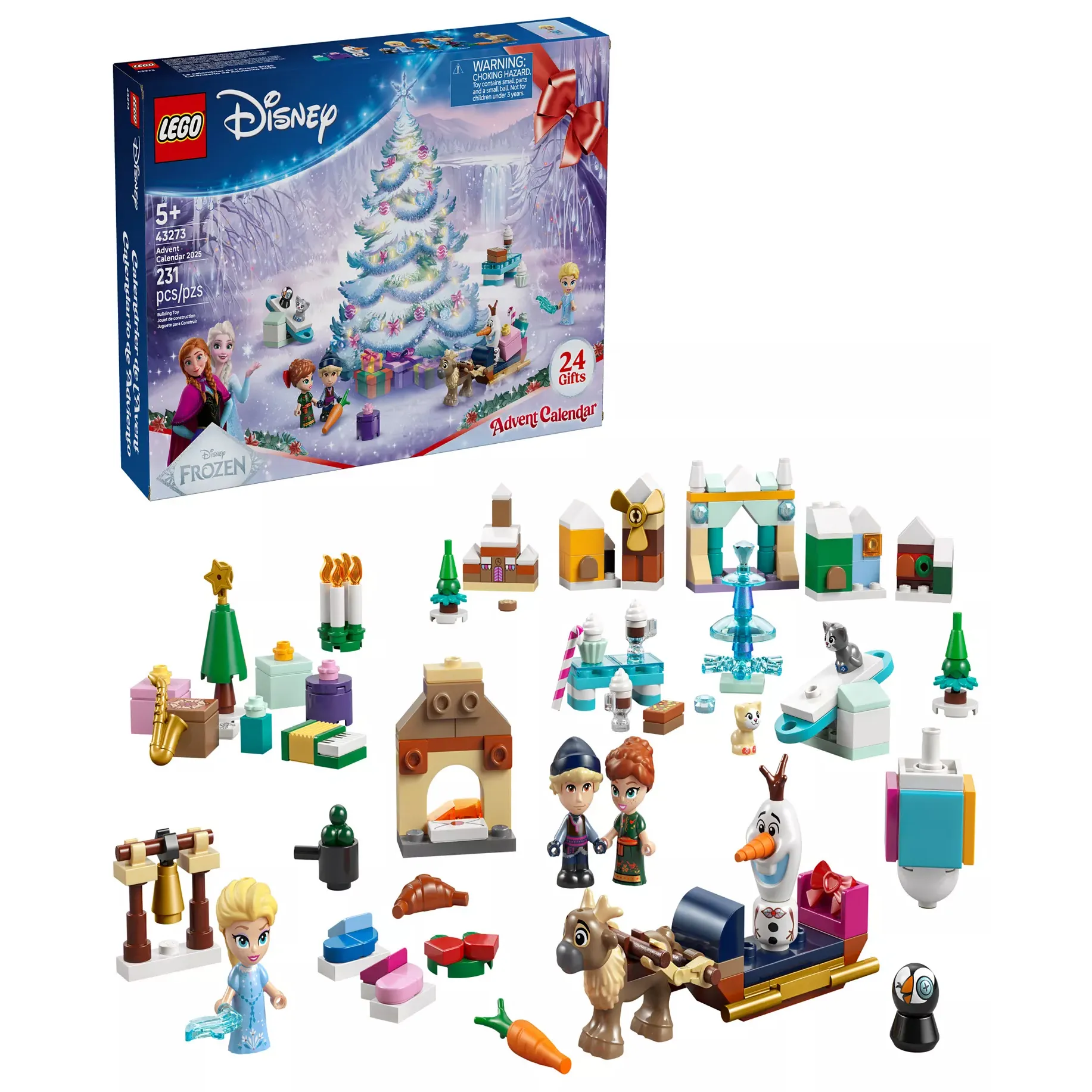 LEGO Disney Frozen Advent Calendar with 231 pieces, featuring mini-figures, small builds, and holiday-themed items for daily surprises.