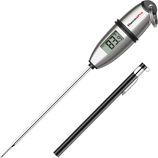 A digital meat thermometer with a long probe and an LCD display, branded as ThermoPro, shown alongside its protective sheath with a pen clip.