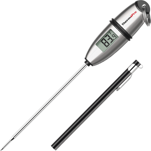 A digital meat thermometer with a long probe and an LCD display, branded as ThermoPro, shown alongside its protective sheath with a pen clip.