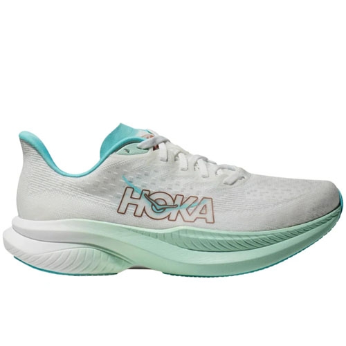 White and teal Hoka running shoe with a cushioned sole and the brand logo on the side.