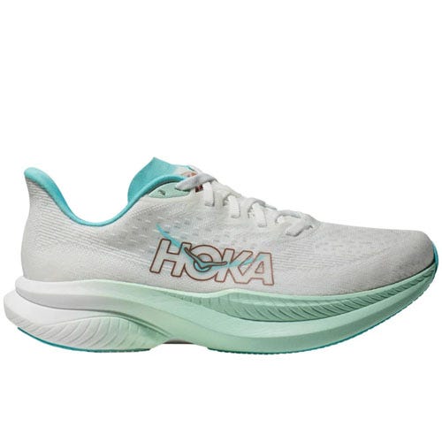 White and teal Hoka running shoe with a cushioned sole and the brand logo on the side.