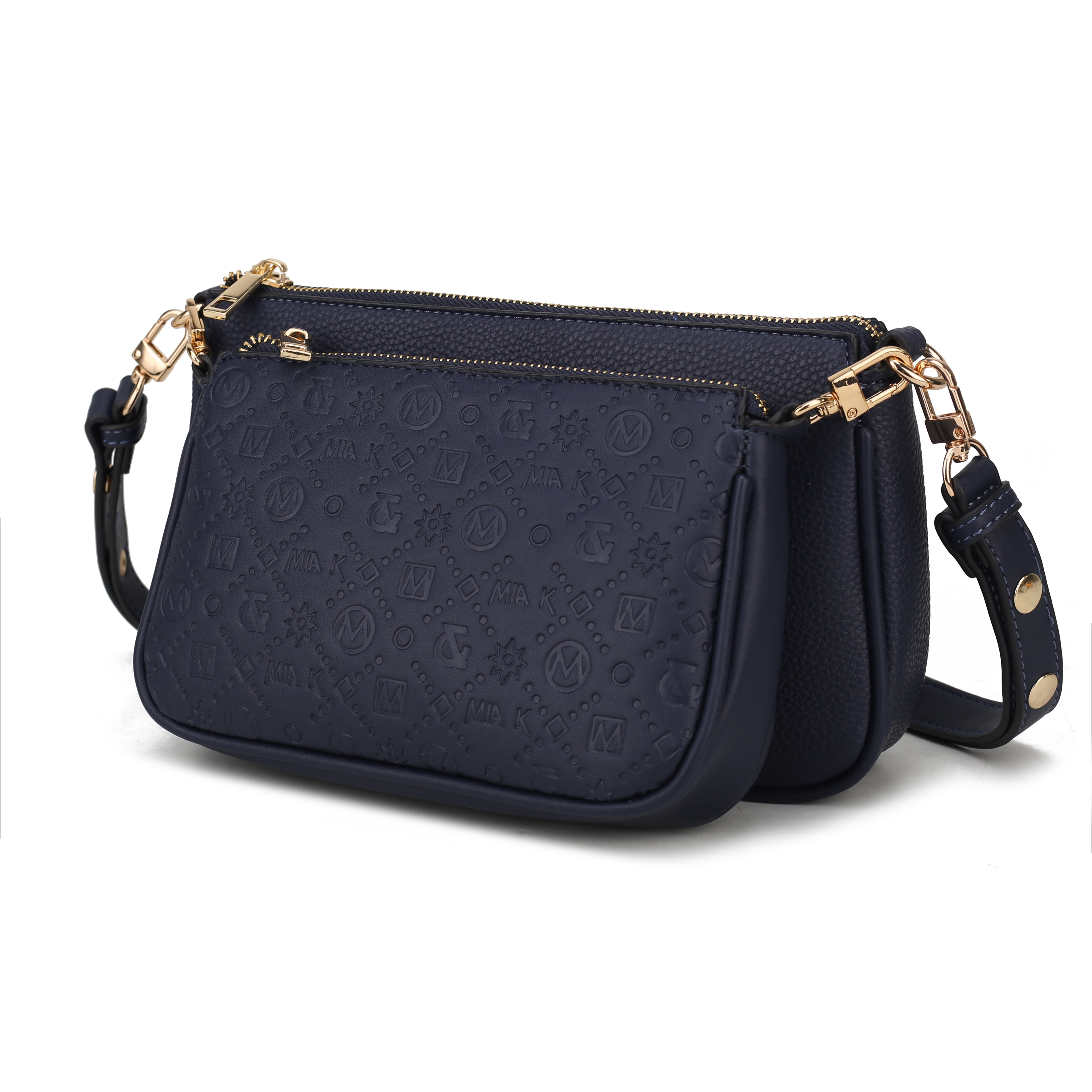 A navy blue crossbody bag with an embossed pattern and gold-toned hardware.