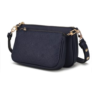 A navy blue crossbody bag with an embossed pattern and gold-toned hardware.