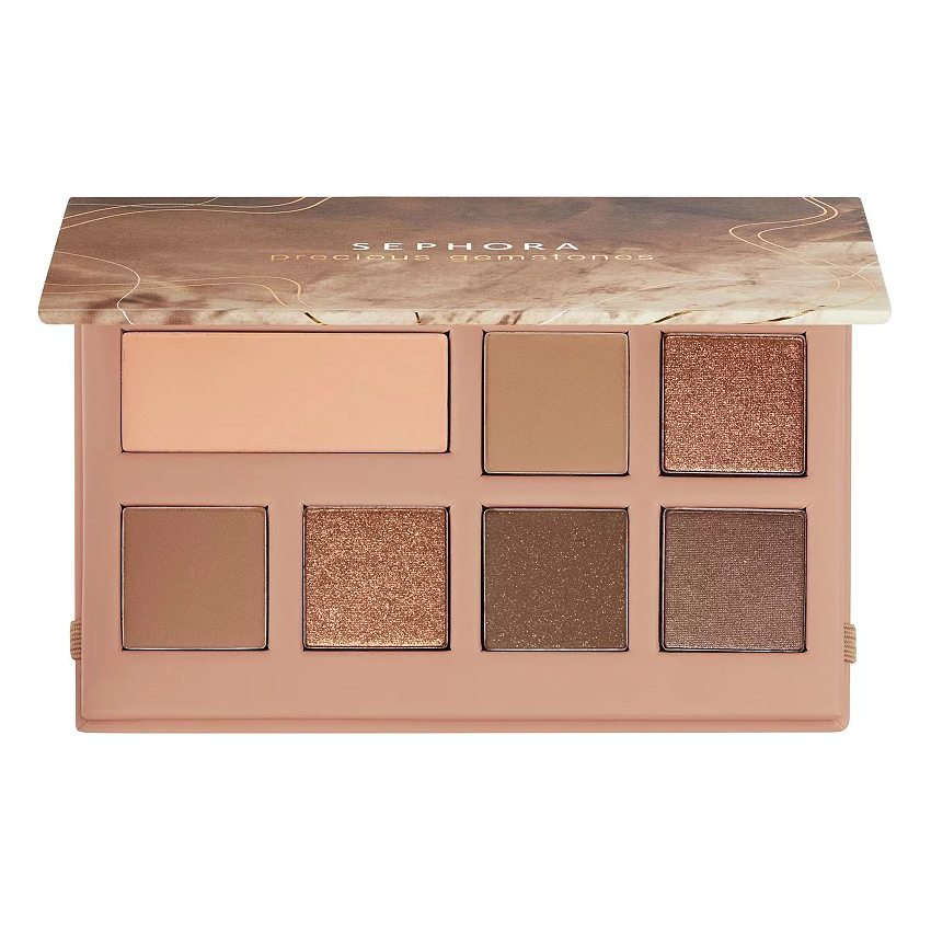 Sephora Gemstones Eyeshadow Palette features eight warm-toned shades, including matte and shimmer finishes in earthy and metallic brown hues, encased in a sleek compact.