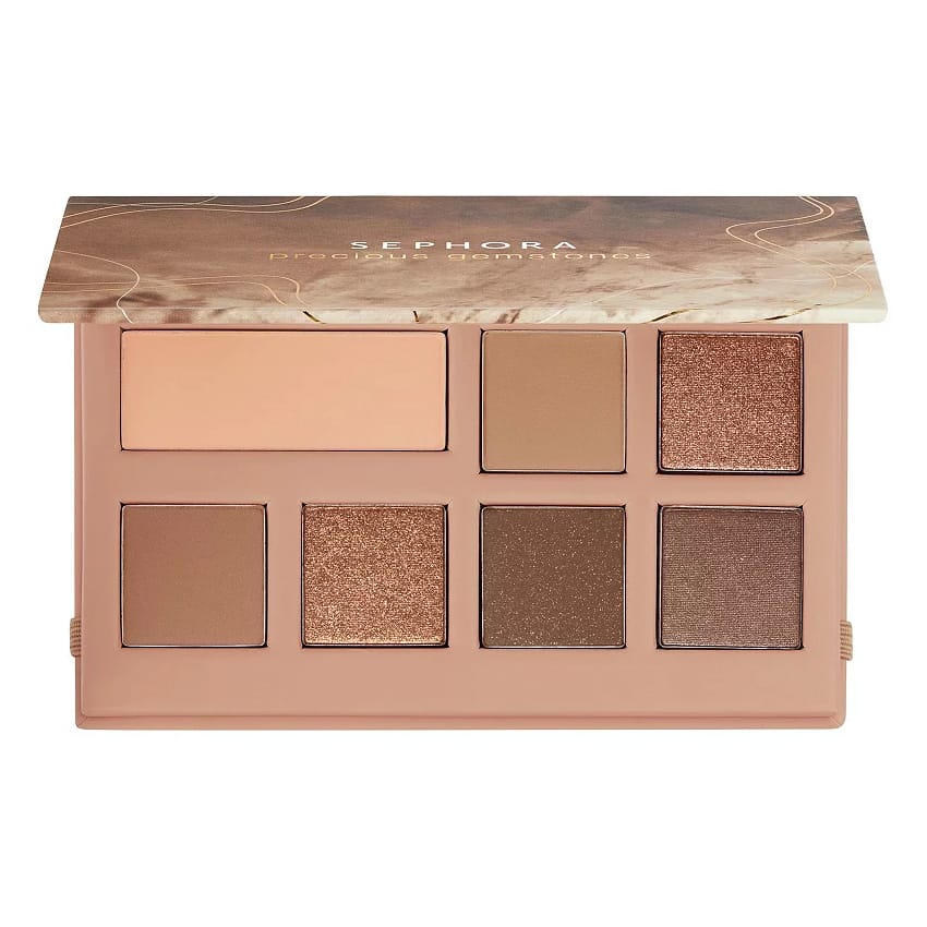 Sephora Gemstones Eyeshadow Palette features eight warm-toned shades, including matte and shimmer finishes in earthy and metallic brown hues, encased in a sleek compact.