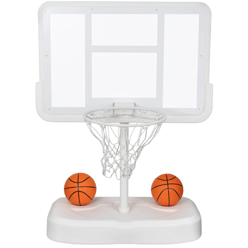 A mini basketball hoop set featuring a white hoop with a net on a stand and two small orange basketballs placed on the base.