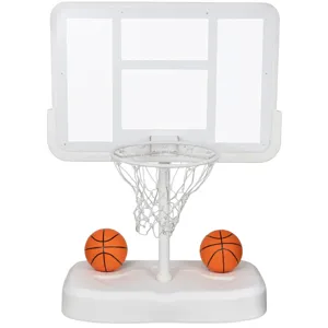A mini basketball hoop set featuring a white hoop with a net on a stand and two small orange basketballs placed on the base.