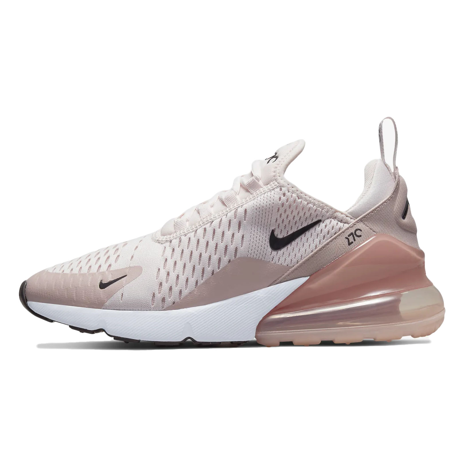 A light pink Nike Air Max 270 sneaker with a mesh upper, black swoosh, and a large air cushion in the heel.