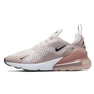A light pink Nike Air Max 270 sneaker with a mesh upper, black swoosh, and a large air cushion in the heel.