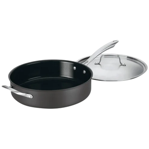 A black, non-stick sauté pan with a stainless steel handle and a matching lid.