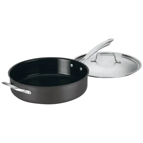 A black, non-stick sauté pan with a stainless steel handle and a matching lid.