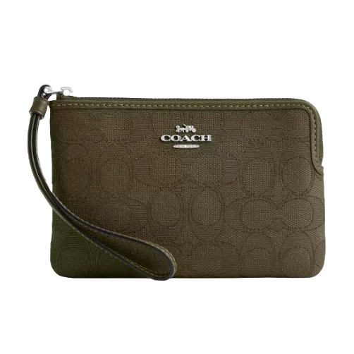 Coach Outlet Signature Wristlet in olive green with embossed signature pattern, silver-tone logo, and a detachable wrist strap for easy carrying.
