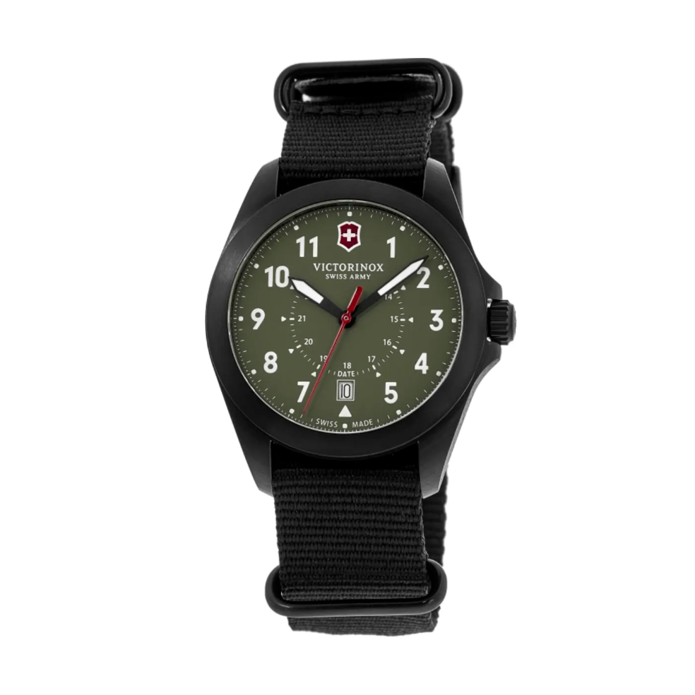 A Victorinox Swiss Army watch with a green dial, white numerals, and black case and strap. A date window is located at 6 o'clock.
