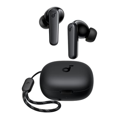 Wireless earbuds with a compact charging case featuring a logo and a lanyard.