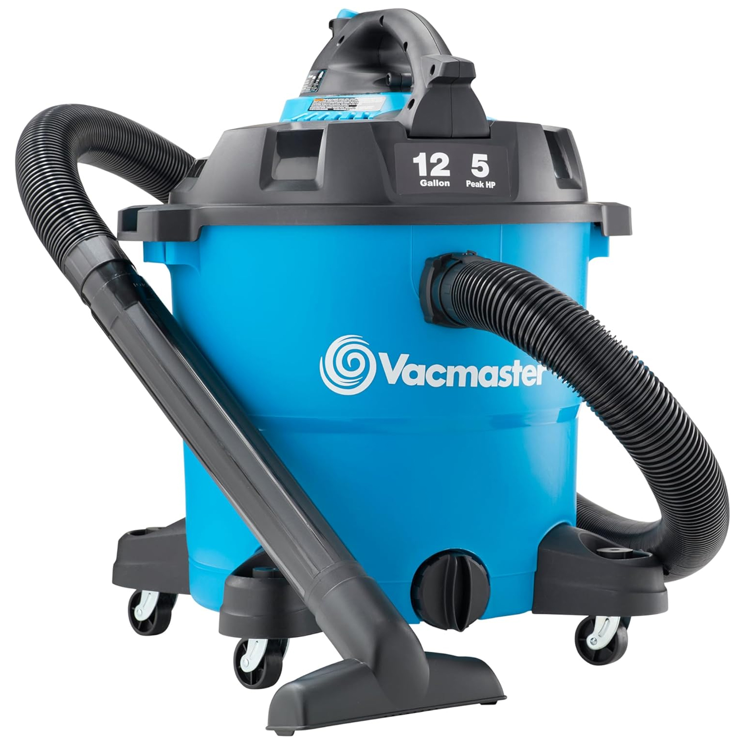 Vacmaster 12-gallon wet/dry shop vacuum with 5 peak horsepower, features a blue container, black lid, and flexible hose for versatile cleaning. Equipped with caster wheels for easy mobility.