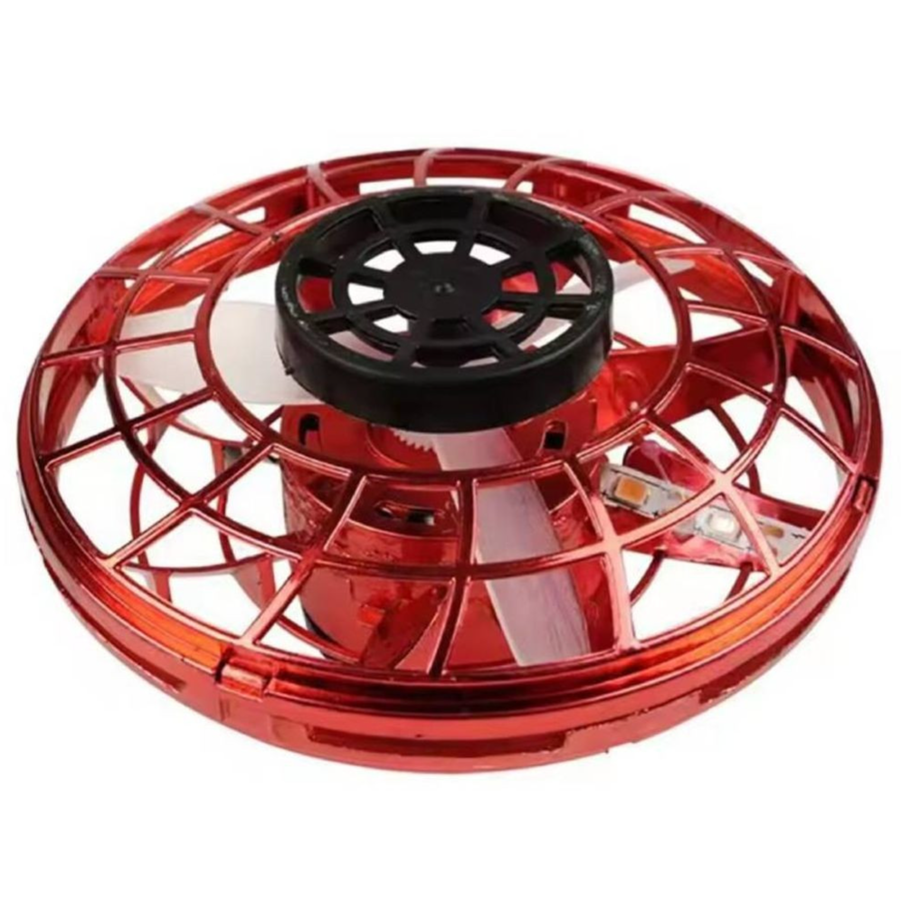 A red, circular drone with protective cage and internal propellers.
