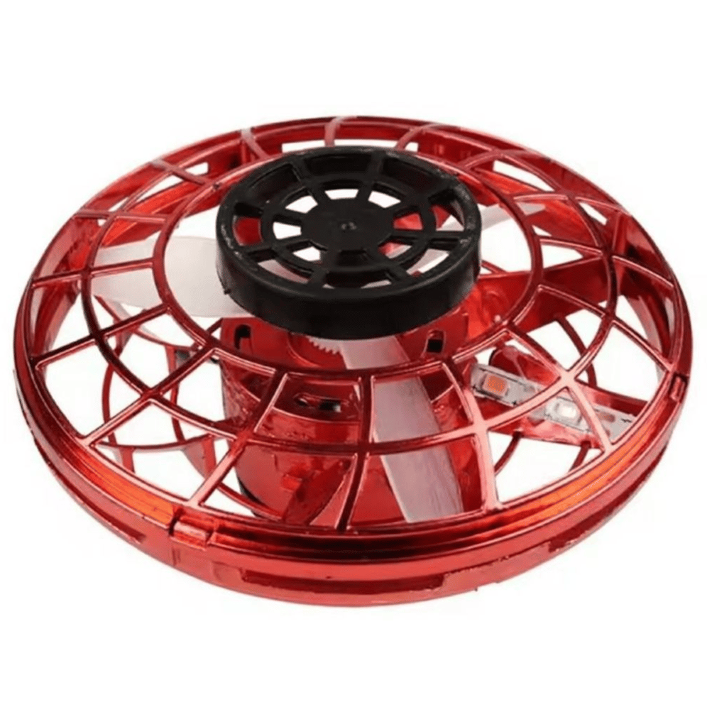 A red, circular drone with protective cage and internal propellers.