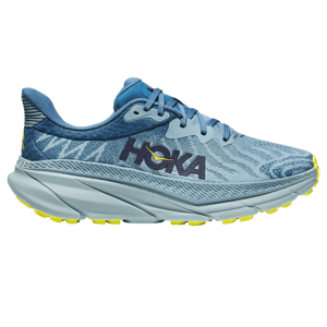 The Hoka Men's Challenger 7 shoes feature a blue camouflage-patterned upper with a prominent Hoka logo and are equipped with a thick, light gray midsole and yellow accents on the outsole.