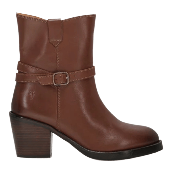 A brown leather ankle boot with a block heel and a decorative buckle strap around the ankle.