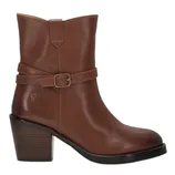 A brown leather ankle boot with a block heel and a decorative buckle strap around the ankle.