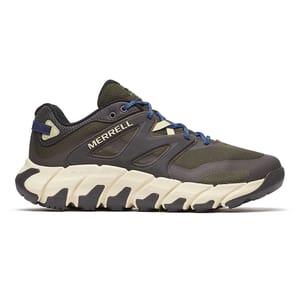 Merrell hiking shoe with a dark mesh upper, blue laces, and a rugged, thick beige sole designed for trail running or outdoor activities.