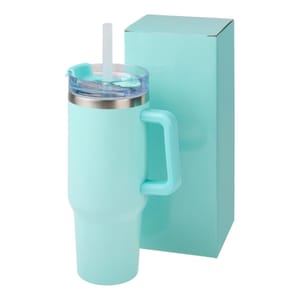 Two mint green, double-walled 40oz tumblers with clear lids and straws, alongside a matching box.
