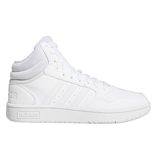 The Adidas Hoops 3.0 Mid Classic Shoes feature an all-white design with a mid-top silhouette, accented by the signature three stripes on the sides. They have a lace-up closure and a cushioned collar for added comfort.