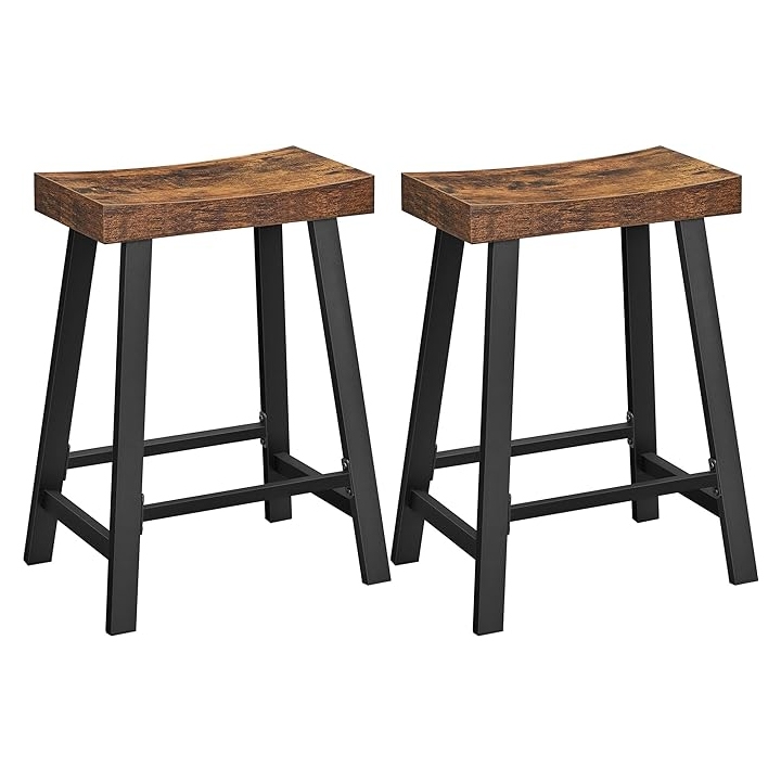 Two rustic-style stools with wooden seats and black metal legs.