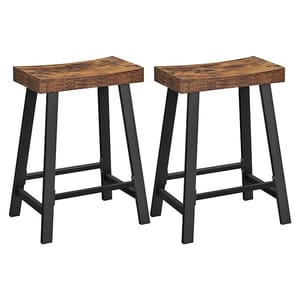 Two rustic-style stools with wooden seats and black metal legs.