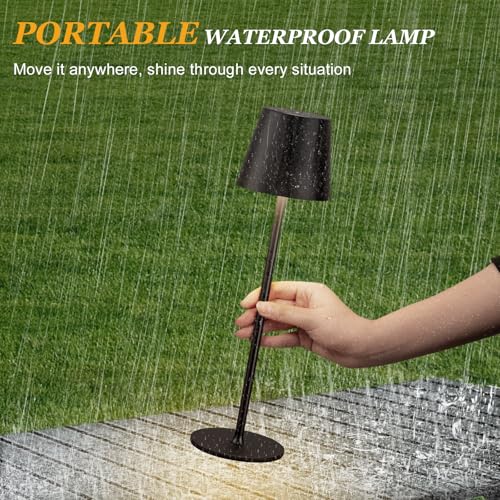 Portable waterproof lamp being held outdoors in the rain, highlighting its durability and flexibility for various conditions.