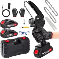A cordless mini chainsaw kit with two 21V batteries, a charger, gloves, two chains, a screwdriver, safety glasses, and a carrying case.