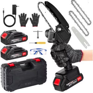 A cordless mini chainsaw kit with two 21V batteries, a charger, gloves, two chains, a screwdriver, safety glasses, and a carrying case.