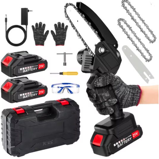 A cordless mini chainsaw kit with two 21V batteries, a charger, gloves, two chains, a screwdriver, safety glasses, and a carrying case.