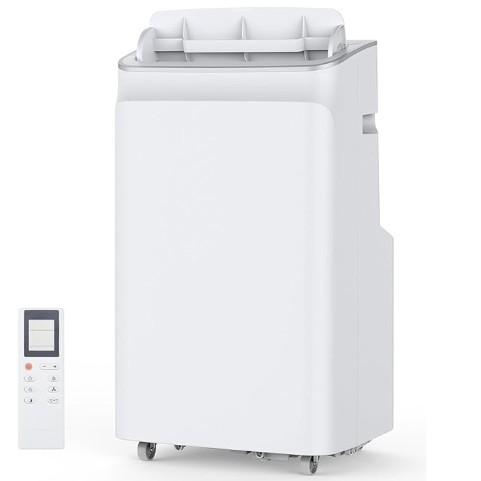 A portable air conditioner with a remote control, featuring a sleek design and wheels for easy mobility.