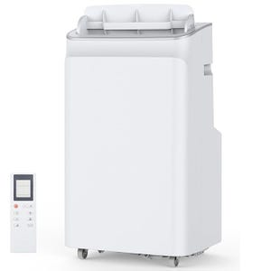 A portable air conditioner with a remote control, featuring a sleek design and wheels for easy mobility.