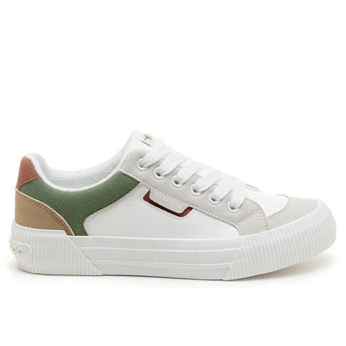 White sneaker with a textured sole and multicolored suede accents in green, brown, and pink, featuring a lace-up design.