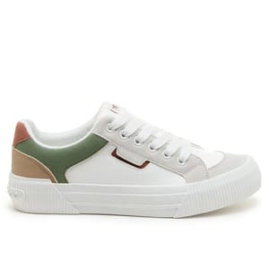 White sneaker with a textured sole and multicolored suede accents in green, brown, and pink, featuring a lace-up design.